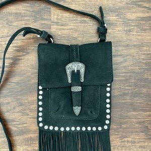 Zara Black Leather Fringe Small Bag with Studs